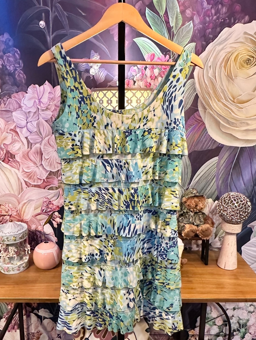 ISLE S Cha Cha Dress NWT Tiered Ruffle Abstract Print Stretch Resort Y2K